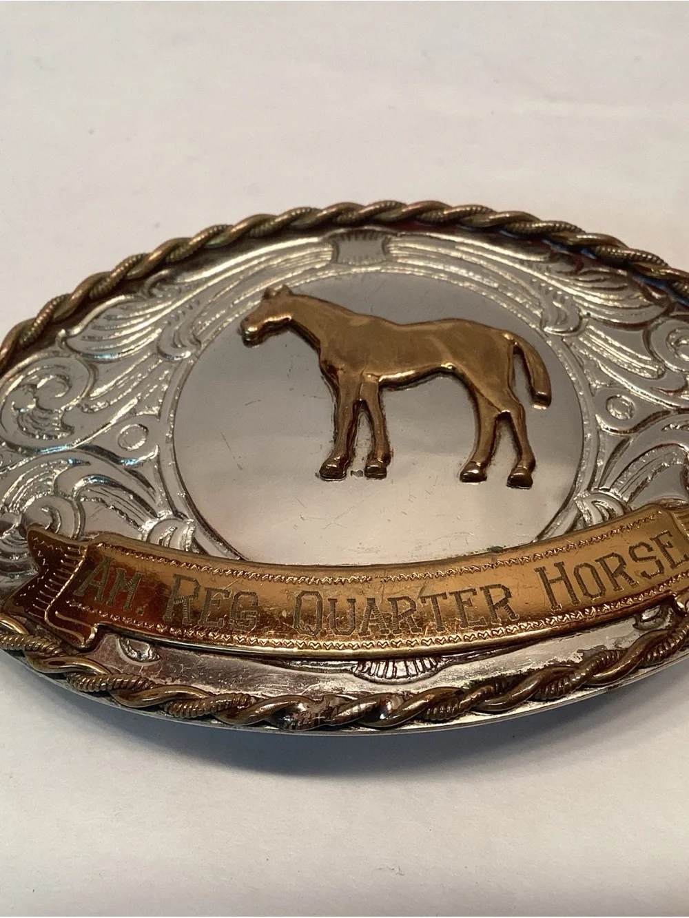 Vintage American Registered Quarter Horse Nickel Silver Horse Belt Buckle Brass